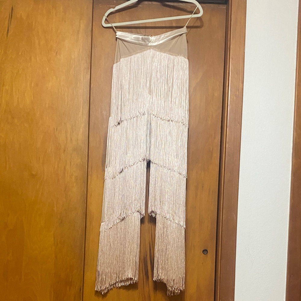Meshki Blush Fringe Straight Leg Jumpsuit